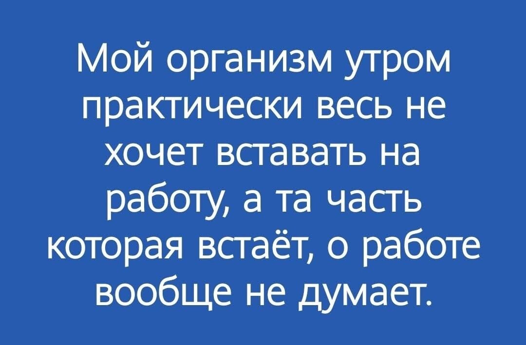 Мой организм утром практически весь не хочет всгавать на работу а та часгь которая всгаёт о работе вообще не думает