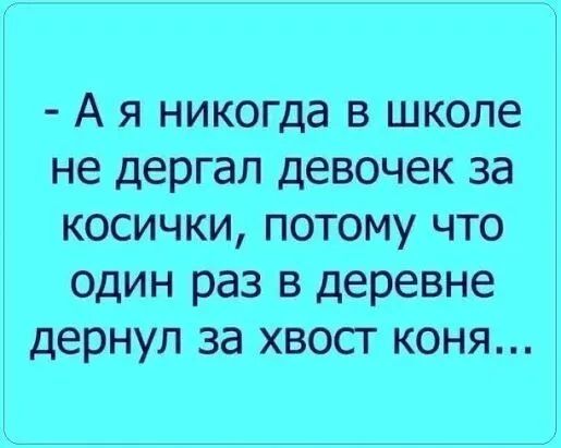 А я никогда в школе не дергал девочек за косички потому что один раз в деревне дернул за хвосг коня