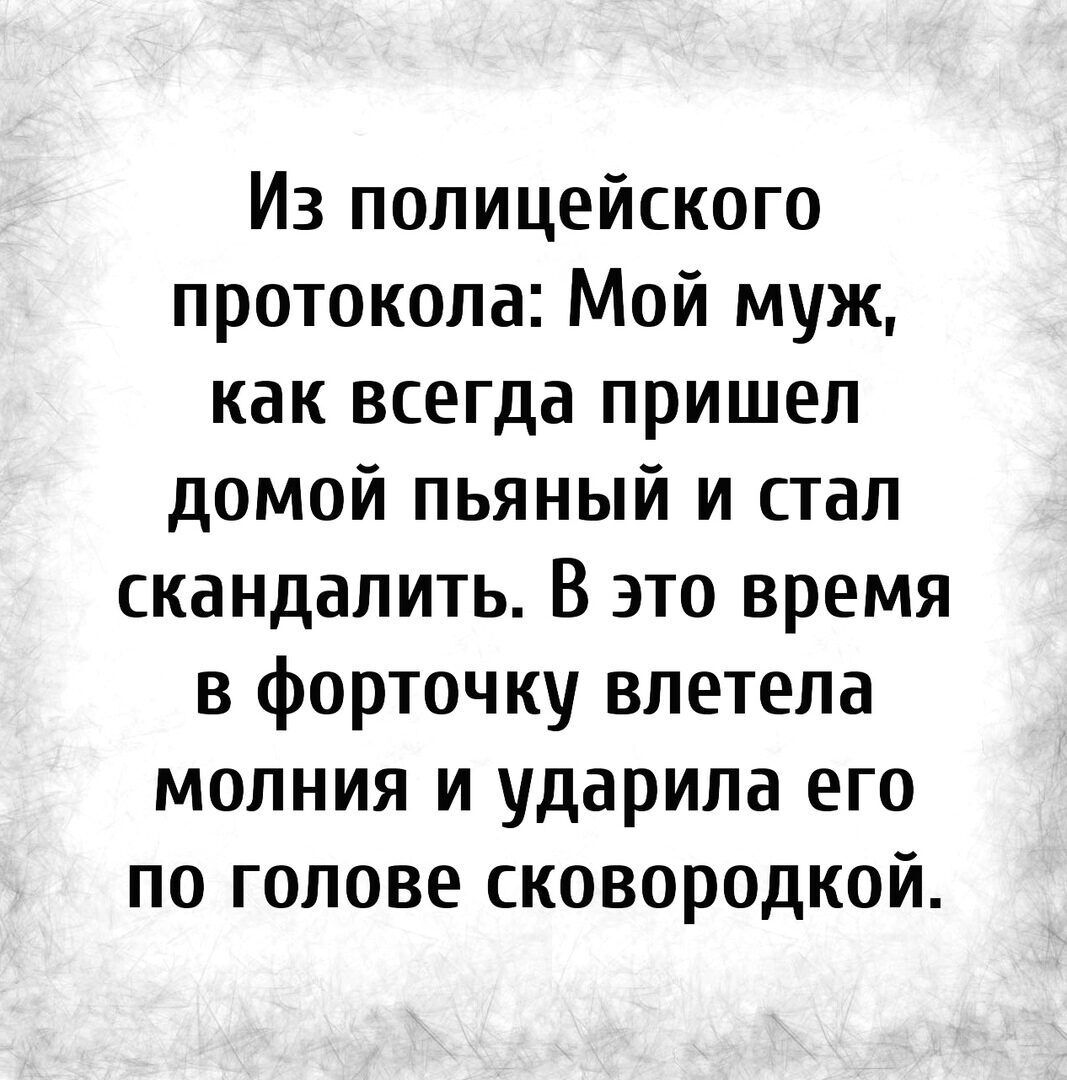 Из полицейского протокола Мой муж как всегда пришел домой пьяный и стал  скандалить В это время в форточку влетела молния и ударила его по голове  сковородкой - выпуск №1568573