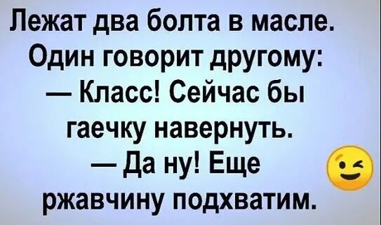 Лежат два болта в масле Один говорит другому Класс Сейчас бы гаечку навернуть Да ну Еще ржавчину подхватим