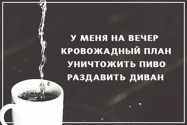 У МЕНЯ НА ВЕЧЕР КРОВОЖАДНЫЙ ПЛАН УНИЧТОЖИТЬ ПИВО РАЗДАВИТЬ ДИВАН