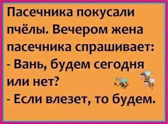 Пасечника покусали пчёлы Вечером жена пасечника спрашивает Вань будем сегодня или нет 315 1 Если влезет то будем