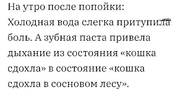 На утро после попойки Холодная вода слегка притупитгёг боль А зубная паста привела дыхание из состояния кошка сдохла в состояние кошка сдохла в сосновом лесу
