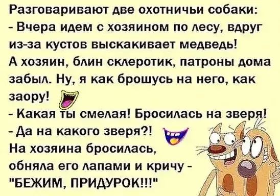 РЗЗГОБЯРИВЗКП Аве ОХОТНИЧЬИ собаки Вчера идем хозяином по Аесу вдруг 3 33 КУОТОБ ВЫСКВКИВЗеТ МЕДВЕДЬ А хозяин блин смеригик патроны дома забыл Ну я как брошусь на него как заору Какая ты смедая Бросияась на зверя да на какого зверя На хозяина бросилась обняла его лапами и кричу БЕЖИМ ПРИАУРОКШ