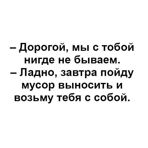 дорогой мы с тобой нигде не бываем Ладно завтра пойду мусор выносить и возьму тебя с собой