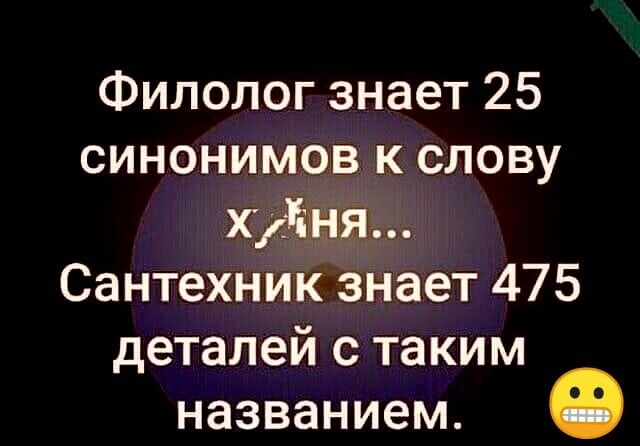 Филолог знает 25 синонимов к слову Уаня Сантехник знает 475 деталей с таким названием