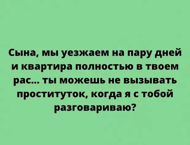 Сына мы уезжаем на пару дней и квартира полностью в твоем рас ты можешь не вызывать проституток когда я с тобой разговариваю