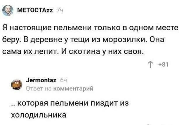 миссии Я настоящие пельмени только в одном месте беру В деревне у тещи из морозилки Она сама их лепит И скотина у них своя Т 0 детали вменшрм которая ПеЛЬМеНИ ПИЗДИТ ИЗ холодильника