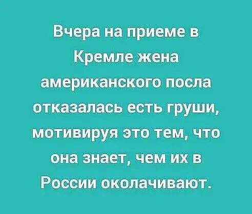 Вчера на приеме в Кремле жена американского посла отказалась есть груши мотивируя это тем что она знает чем их в России околачивают