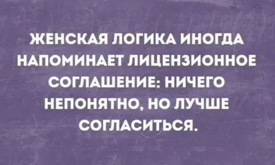 ЖЕНСКАЯ ЛОГИКА ИНОГДА НАПОМИНАЕТ ЛИЦЕНЗИОННОЕ СОГЛАШЕНИЕ НИЧЕГО НЕПОНЯТНО НО ЛУЧШЕ СОГЛАОИТЬСЯ