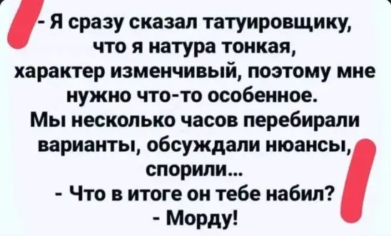 я сразу сказал татуировщику ЧТО Я натура тонкая характер изменчивый поэтому мне НУЖНО ЧТОТО особенное Мы несколько часов перебирали варианты обсуждали нюансы спорили Что в итоге он тебе набил Морду