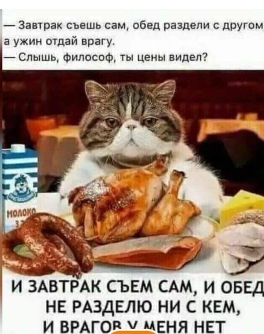 Завчрак съешь сам обед раздели с другом а ужин отдай врагу Слышь Философ ты цены видел И ЗАВТРАК СЪЕМ САМ И ОБЕД НЕ РАЗДЕЛЮ НИ С КЕМ И ВРАГО цЕНЯ НЕТ