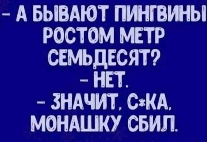 А БЫВАЮТ ПИНГВИНЫ РОСТОМ МЕТР СЕМЬДЕСЯТ НЕТ ЗНАЧИТ СКА МОНАШКУ СБИЛ