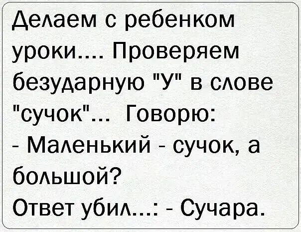 ДеАаем с ребенком уроки Проверяем безударную У в сдове сучок Говорю МаАенький сучок а бОАьшой Ответ убИА Сучара