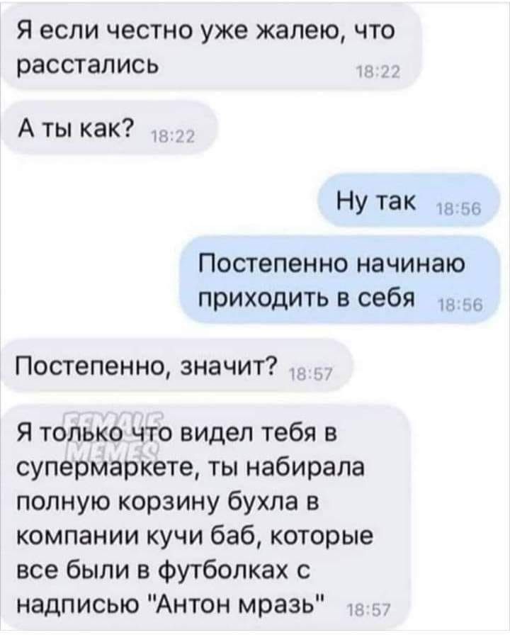 я если честно уже жалею что расстались А ты как НУ так 56 Постепенно начинаю приходить в себя Постепенно значит я только что видел тебя в супермаркете ты набирала полную корзину бухла в компании кучи баб которые все были в Футболках с надписью Антон мразь