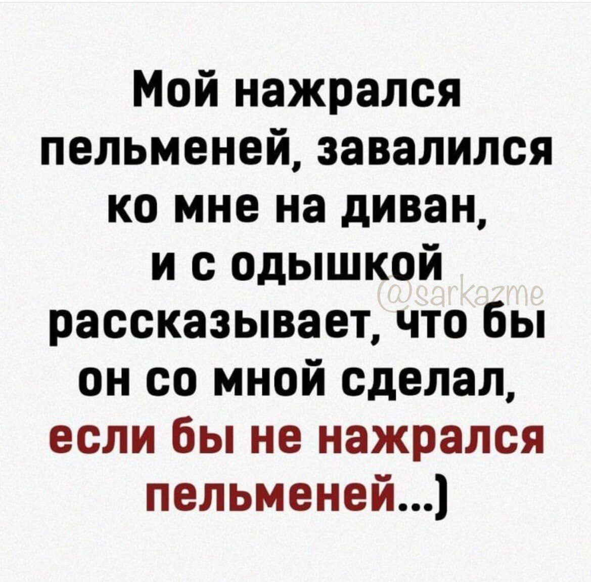 Мой нажрался пельменей завалился ко мне на диван и с одышкой рассказывает что бы он со мной сделал если бы не нажрался пельменей1