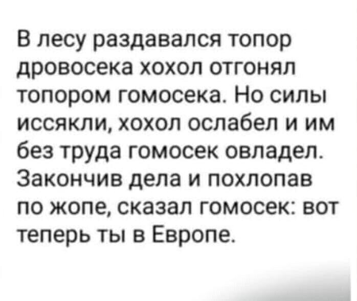 в лесу раздавался топор дровосека хохол отгонял топором гомосека Но силы иссякли хохол ослабел и им без труда гомосек овладел Закончив дела и похлопав по жопе сказал гомосек вот теперь ты в Европе