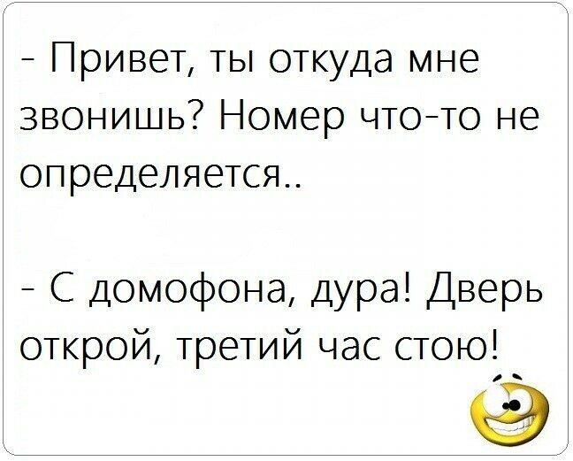 _ Привет ты откуда мне звонишь Номер чтото не определяется С домофона дура Дверь открой третий час стою