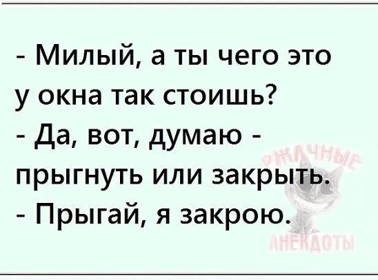 Милый а ты чего это у окна так стоишь Да вот думаю прыгнуть или закрыть Прыгай я закрою