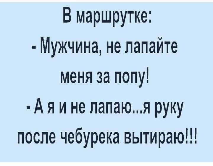 В маршрутке Мужчина не лапайте меня за попу А я и не папаюя руку после чебурека вытираю