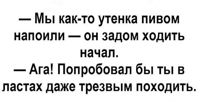 Мы как то утенка пивом напоили он задом ходить начал Ага Попробовал бы ты в ластах даже трезвым походить