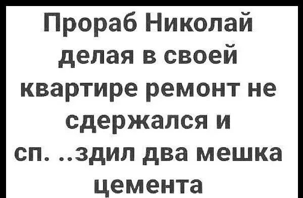 Прораб Николай делая в своей квартире ремонт не сдержался и сп здил два мешка цемента