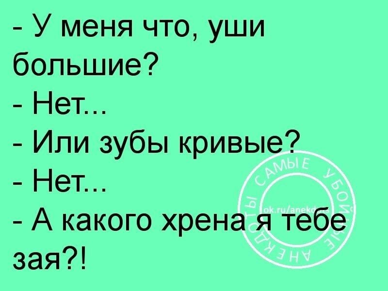 У меня что уши большие Нет Ипи зубы кривые Нет А какого хрена я тебе зая