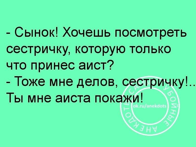 Сынок Хочешь посмотреть сестричку которую только что принес аист Тоже мне делов сестричку Ты мне аиста покажи