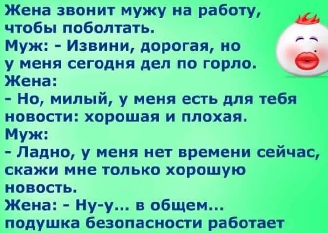 Жена звонит мужу на работу чтобы поболтать Муж Извини дорогая но у меня сегодня дел по горло Жена Но иипый у меня есть для тебя новости хорошая и плохая Муж Ладно у меня нет времени сейчас скажи мне только хорошую новость Жена Нуу в общем подушка безопасности РВБОТВЕТ