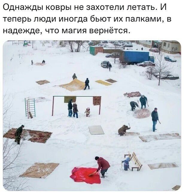 Однажды ковры не захотели летать И теперь люди иногда бьют их папками в надежде что магия вернётся