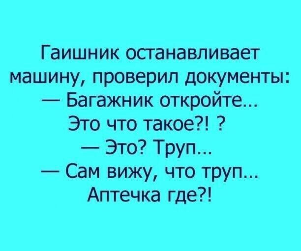 Гаишник осганавливает машину проверил документы Багажник откройте Это что такое Это Труп Сам вижу что труп Аптечка где