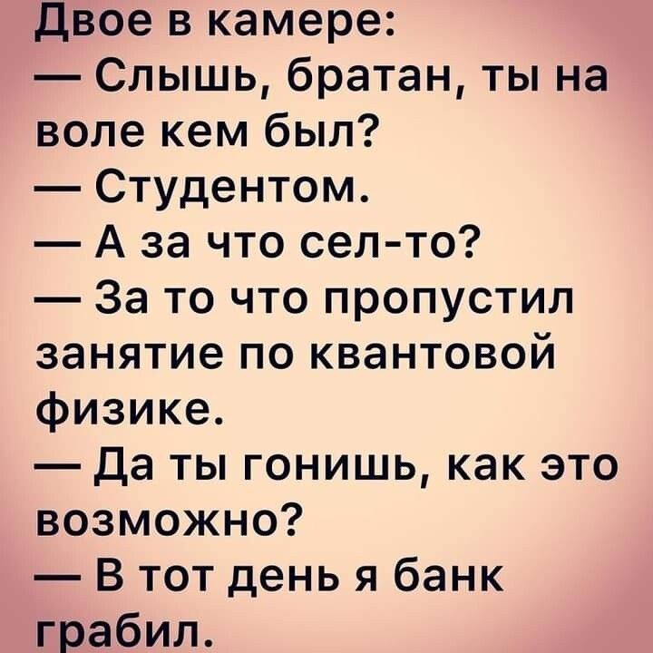 двое в камере Слышь братан ты на воле кем был Студентом А за что сел то За то что пропустил занятие по квантовой физике да ты гонишь как это возможно В тот день я банк грабил