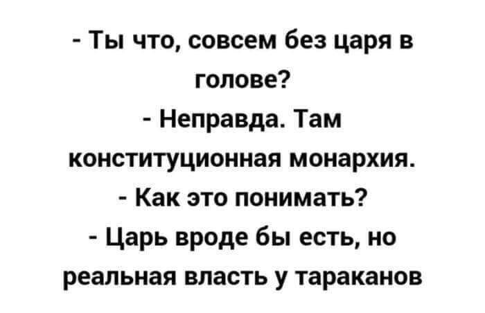 Ты что совсем без царя в голове Неправда Там конституционная монархия Как это понимать Царь вроде бы есть но реальная власть у тараканов