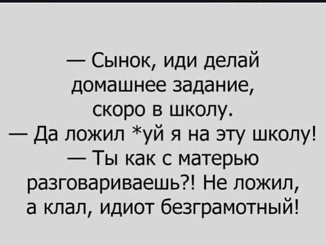 Сынок иди делай домашнее задание скоро в школу Да пожил уй я на эту школу Ты как с матерью разговариваешь Не пожил а клал идиот безграмотный