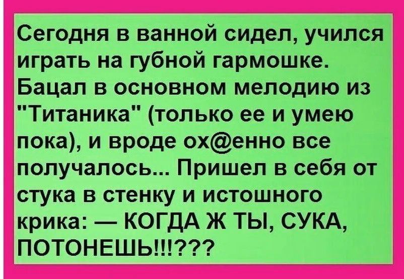 Сегодня в ванной сидел учился играть на губной гармошке Бацап в основном мелодию из Титаника только ее и умею пока и вроде охенно все получалось Пришел в себя от стука в стенку и истошного крика КОГДА Ж ТЫ СУКА ПОТОНЕШЬ