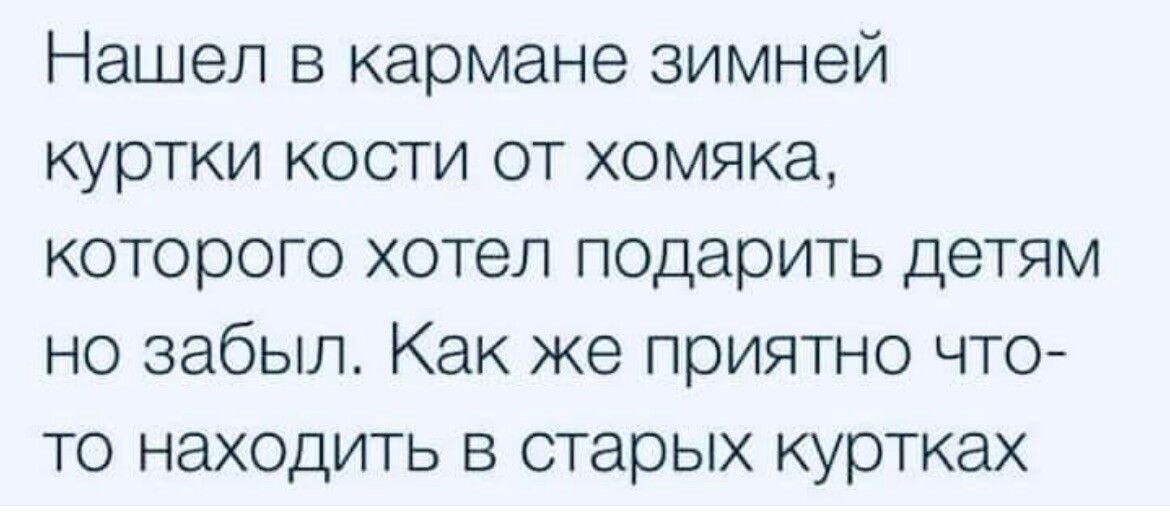 Нашел в кармане зимней куртки кости от хомяка которого хотел подарить детям но забыл Как же приятно что то находить в старых куртках