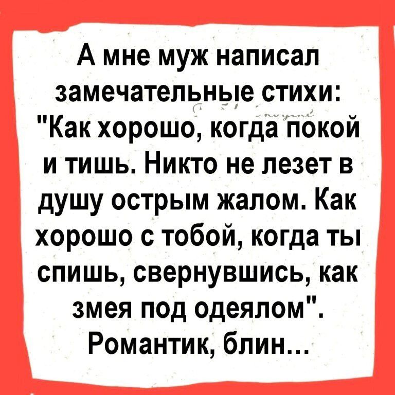 А мне муж написал замечательные стихи Как хорошо когда покой и тишь Никто не лезет в душу острым жалом Как хорошо с тобой когда ты спишь свернувшись как змея под одеялом Романтик блин