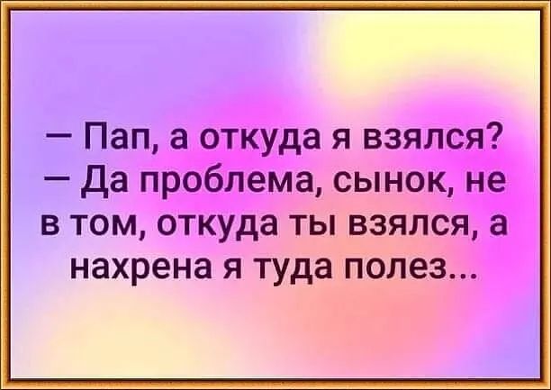 Пап а откуда я взялся да проблема сынок не В ТОМ ОТКУДЗ ТЫ ВЗЯЛСЯ а нахрена Я туда полез