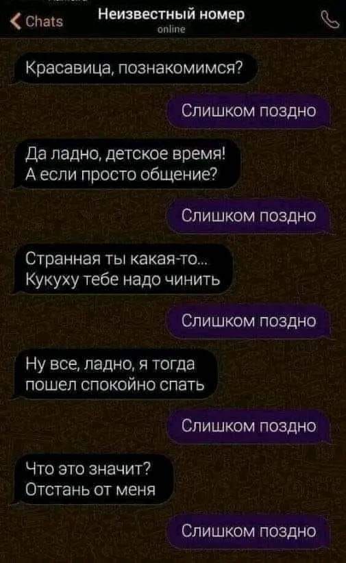 7 7 Неизвестный номе С Красавица познакомимся Слишком поздно Да ладно детское время А если просто общение Слишком поздно Странная ты какаято Кукуху тебе надо чинить Слишком поздно Ну все ладно я тогда пошел спокойно спать Слишком поздно Что это значит Отстань от меня Слишком поздно