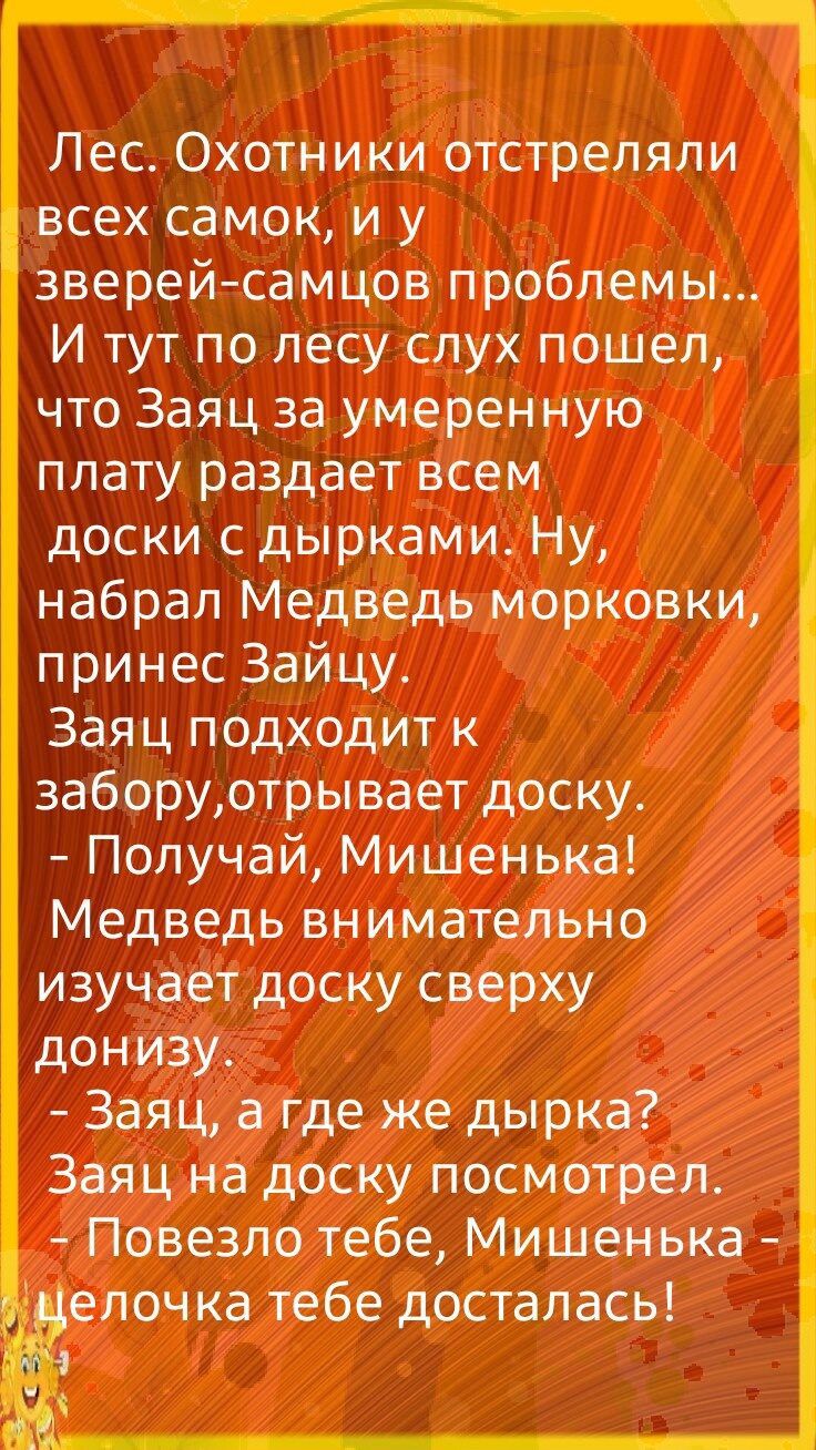 Лес Охотники отстреляли всех самок и у зверейсамцов проблемы И тут по лесу слух пошел что Заяц за умеренную плату раздает всем доски с дырками Ну набрал Медведь морковки принес Зайцу Заяц подходит к заборуотры вает доску Получай Мишенька Медведь внимательно изучает доску сверху донизу Заяц а где же дырка Заяц на доску посмотрел Повезло тебе Мишенька елочка тебе досталась