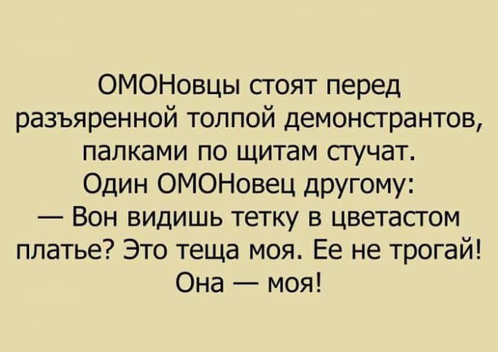 ОМОНовцы сгоят перед разъяренной толпой демонстрантов палками по щитам сгучат Один ОМОНовец дРУгому Вон видишь тетку в цветасгом платье Это теща моя Ее не трогай Она моя