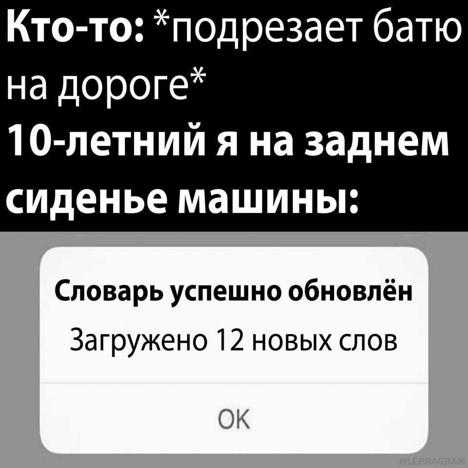 Кто то подрезает батю на дороге 10 летний я на заднем сиденье машины Словарь успешно обновлён Загружено 12 новых слов ОК