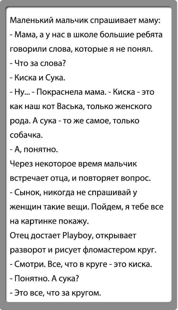 Маленький мальчик спрашивает маму Мама а у нас в школе большие ребята говорили слова которые я не понял Что за слова Киска и Сука Ну Покраснела мама Киска это как наш кот Васька только женского рода А сука то же самое только собачка А понятна Через некоторое время мальчик встречает отца и повторяет вопрос Сынок никогда не спрашивай у женщин такие вещи Пойдем я тебе все на картинке покажу Отец дост