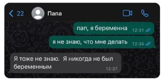 Папа пап я беременна я не знаю чю мне делать Я тоже не знаю Я никогда не был беременным