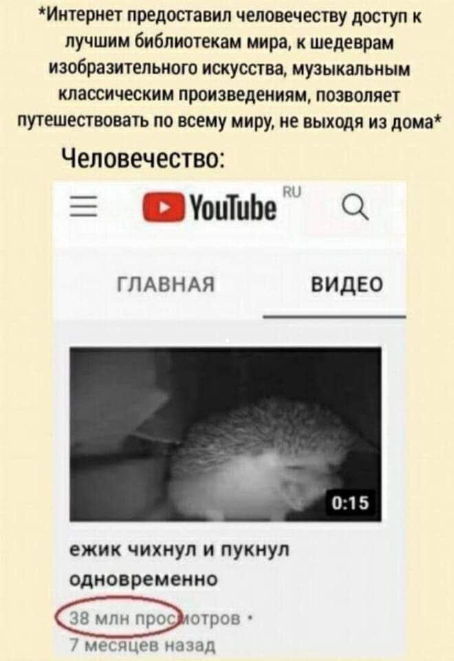 Интернет предоставил человечеству доступ к лучшим библиотекам мира шедеврам изобразительного искусства музыкальным классическим произведениям позволяет путешествовать по всему миру не выходя из дома Человечество ПУонТиЬе ГЛАВНАЯ ВИДЕО 015 ежик чикиуп и пукиул одновремение м н пл шп