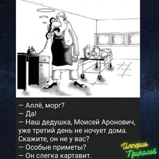Алле морг _ ддт Наш дедушка Моисей Аронович уже третий день не ночует дома Скажите он не у вас Особые приметы Он слегка картавит