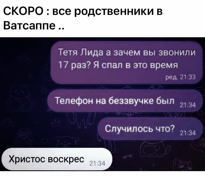 СКОРО все родственники в Ватсаппе Тетя Пида а зачем вы звонили 17 раз Я спал в это время Телефон на безэвучке был Случилось что Христос воскрес