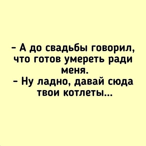 А до свадьбы говорил что готов умереть ради меня Ну ладно давай сюда твои котлеты