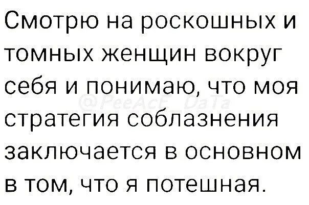 Смотрю на роскошных и томных женщин вокруг себя и понимаю что моя стратегия соблазнения заключается в основном в том что я потешная