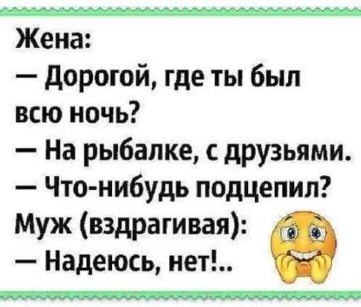 Жена дорогой где ты был всю ночь На рыбалке друзьями Что нибудь подцепил Муж вздрагивая Надеюсь нет